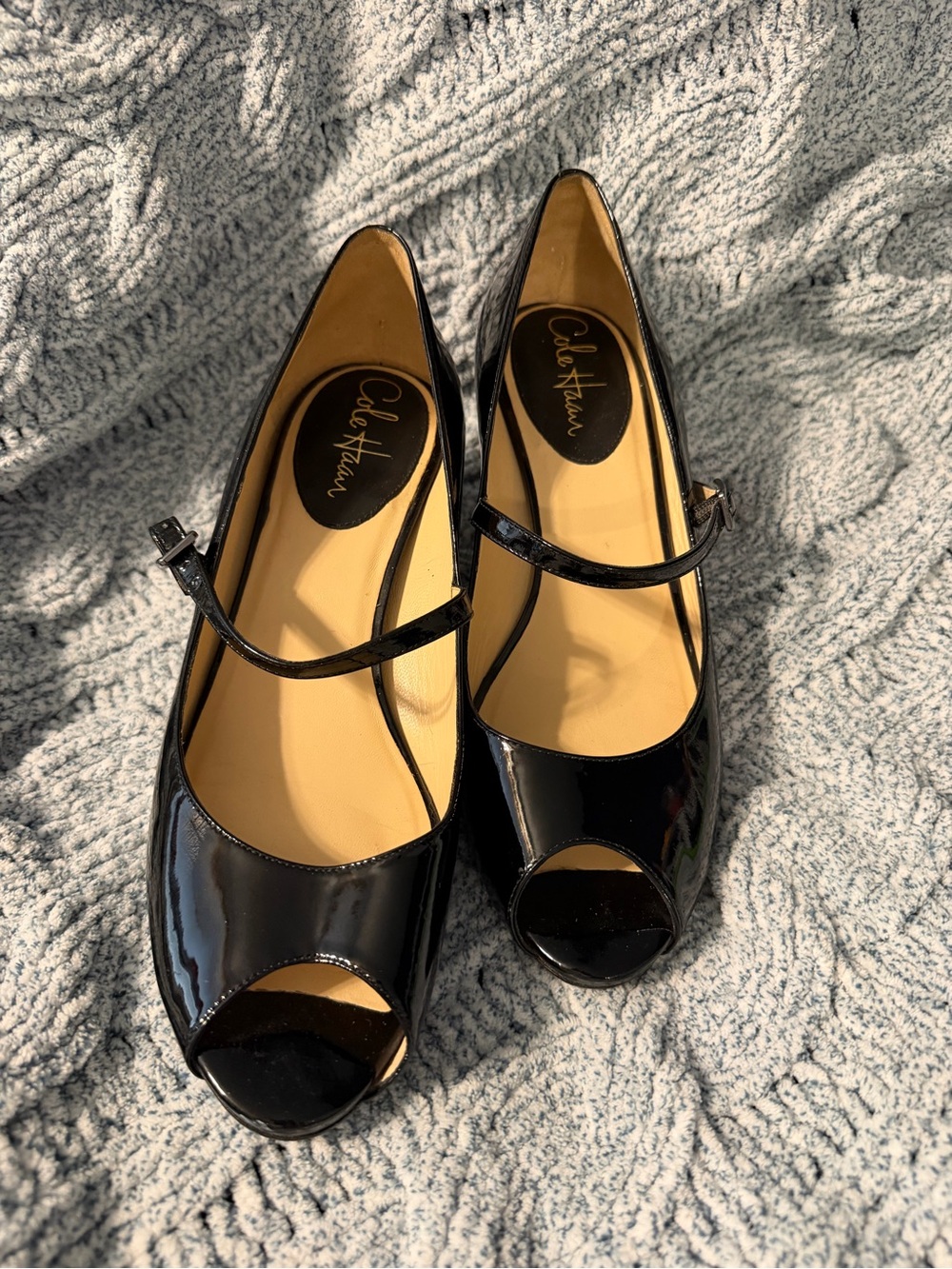 Cole Haan Black Patent Peep-Toe Mary Jane Heels